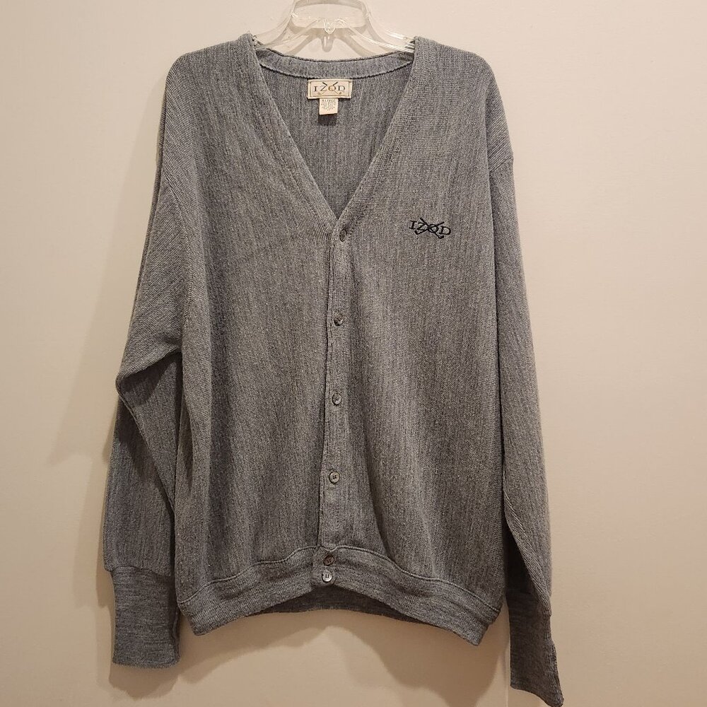 IZOD Vintage Mens Golf Cardigan Gray Navy Logo Quality Select XL Made in USA